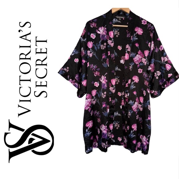 Victoria's Secret Other - VICTORIA’S SECRET Black Floral Satin Robe Short Sleeve Silky VS Women’s M L